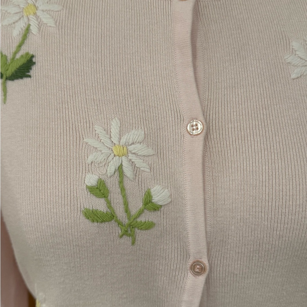 VINTAGE Crystal Kobe Pink Floral Embroidered Cardigan Sweater Buttons Women’s L - Picture 3 of 13